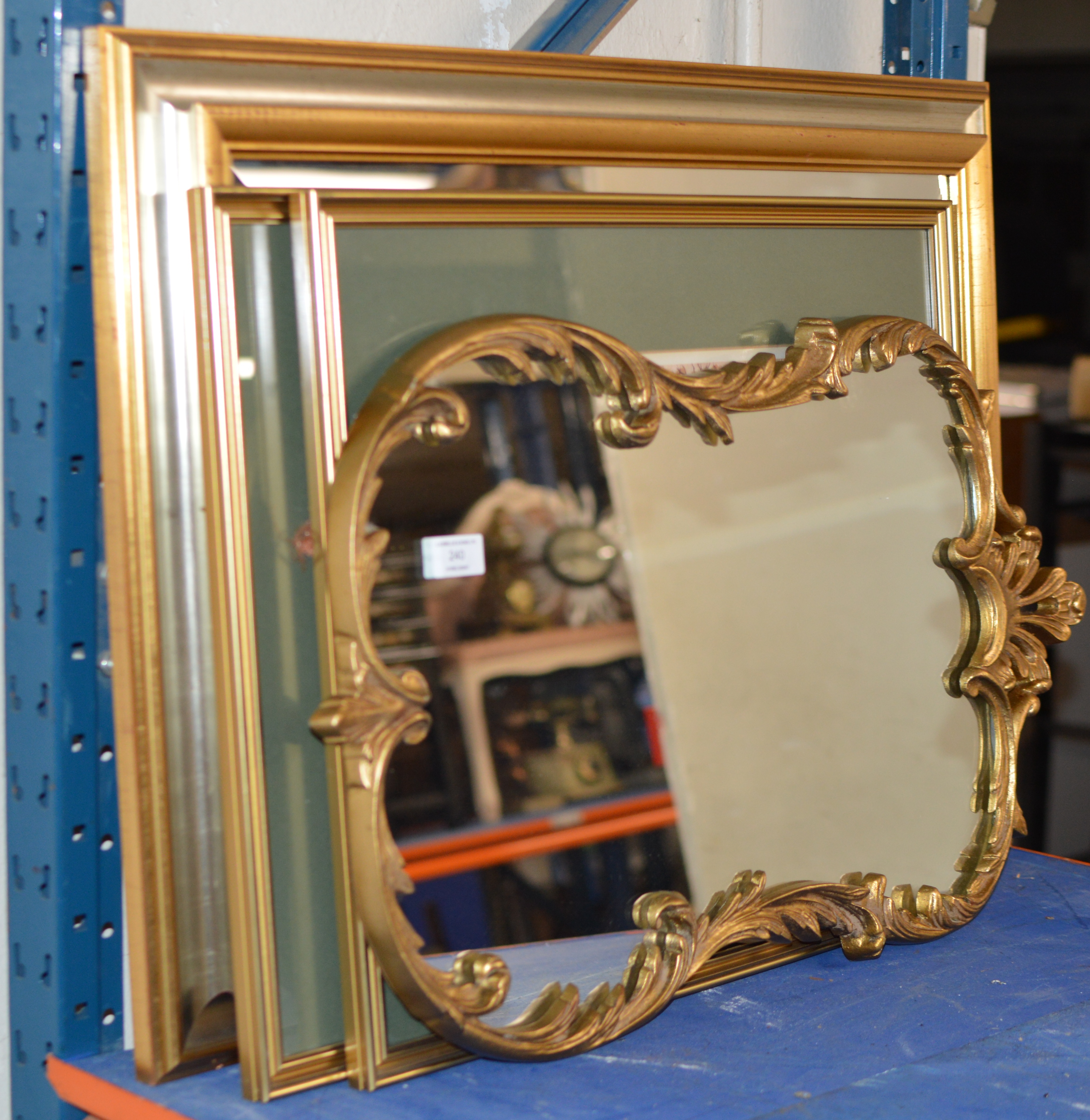 2 GILT FRAMED MIRRORS & 2 LOWRY STYLE PRINTS