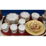 TRAY CONTAINING QUANTITY DELPHINE DECO STYLE TEA WARE & 3 PIECES OF AYNSLEY ORCHARD GOLD PORCELAIN