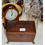 MAHOGANY TEA CADDY, REPRODUCTION MANTLE CLOCK & CRYSTAL DECANTER WITH STOPPER