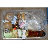BOX CONTAINING CRYSTAL & GLASS WARE, MIXED CERAMICS, PARAFFIN BURNERS ETC