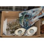 BOX CONTAINING WALL HANGING, POTTERY JUGS, BRASS FINISHED CANDELABRAS ETC