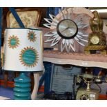 RETRO POTTERY TABLE LAMP WITH SHADE, NOVELTY EAGLE CLOCK & RETRO WALL CLOCK