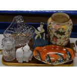 TRAY CONTAINING ROYAL DOULTON FIGURINE, ROYAL DOULTON CAT ORNAMENT, CRYSTAL BASKET, CARLTON WARE