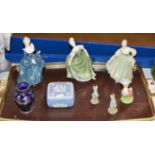 TRAY WITH WEDGWOOD LIDDED BOX, SILVERED GLASS VASE, 3 VARIOUS ROYAL DOULTON FIGURINES, ROYAL