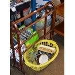 MAHOGANY TOWEL RAIL & BOX WITH MIXED CERAMICS & GLASS WARE