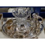 LARGE EP DOUBLE HANDLED TRAY, 4 PIECE EP TEA SERVICE & LARGE CRYSTAL VASE ON STAND