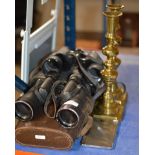 2 CASED PAIRS OF BINOCULARS, PAIR OF BRASS CANDLE STICKS & CHROME CIGARETTE CASE