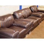 3 PIECE MODERN BROWN LEATHER LOUNGE SUITE COMPRISING 2 SEATER SETTEE & 2 SINGLE ARM CHAIRS