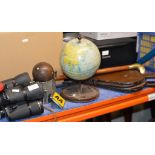 2 PAIRS OF BINOCULARS, WOODEN BOWLING JACK, AA BADGE, SET OF BELLOWS, SMALL TIN PLATE GLOBE &