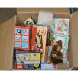 BOX WITH VINTAGE TOYS, SCHUCO STYLE PUPPET, LEGO, VEHICLES ETC