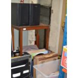 MAHOGANY OCCASIONAL TABLE, PAIR OF SONY SPEAKERS & A BOX & 2 RECORD CASES WITH ASSORTED RECORDS