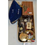 TRAY WITH OLD BOXING CAP, VARIOUS WRIST WATCHES, JEWELLERY BOX ETC