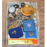 BOX WITH ASSORTED COSTUME JEWELLERY, SILVER CASED POCKET WATCH, COMPACTS, ACME WHISTLE ETC