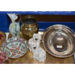 TRAY WITH EP BASKET, ORIENTAL VASE, SMALL WALLY DOGS ETC