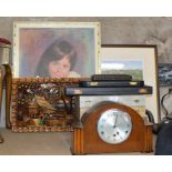 VARIOUS BOXED SETS OF EP CUTLERY, MAHOGANY CASED CHIMING MANTLE CLOCK & 3 VARIOUS PICTURES