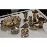 ASSORTED SILVER WARE INCLUDING A SMALL TROWEL, CRUETS, VIKING BOAT DISPLAY, NAPKIN RING ETC