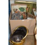 BRASS FINISHED COAL BUCKET & BOX WITH OLD GAMES & TOYS, CANVAS BAG ETC