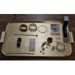 TRAY WITH QUANTITY COSTUME JEWELLERY, SILVER BANGLE, SILVER BRACELET, DRESS RINGS ETC