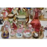 TRAY CONTAINING GENERAL CERAMICS & GLASS WARE, DOULTON JUG, FIGURINE ORNAMENTS, PART MALING DRESSING