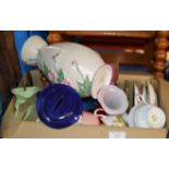BOX WITH GENERAL CERAMICS, CUP & SAUCER SETS, MONEY BANK, MALING VASE ETC