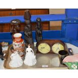 TRAY CONTAINING ROYAL DOULTON FIGURINES, CARVED WOODEN FIGURES, JAPANESE KUTANI VASE ETC