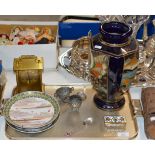 TRAY CONTAINING JAPANESE CERAMICS, WHITE METAL SUGAR & CREAM, RNLI SILVER & ENAMEL SPOON, CANADIAN