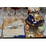 TRAY CONTAINING SET OF 6 STEM GLASSES, QUANTITY CUTLERY, HUMMEL FIGURINE, DOULTON JUG ETC