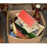 BOX WITH WOODEN NOAH'S ARK SET, POTTERY BOWL, BRASS WARE ETC