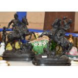 PAIR OF SPELTER HORSE & RIDER ORNAMENTS