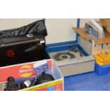 VARIOCORD REEL TO REEL PLAYER, VARIOUS REELS & ACCESSORIES, PORTABLE TURNTABLE & BOX WITH CAMCORDER,