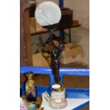 BRONZE FINISHED ART DECO STYLE FIGURINE ON ONYX STAND WITH GLOBULAR GLASS SHADE