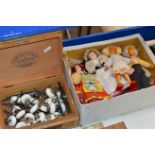 BOX CONTAINING VARIOUS DOLLS & BOX WITH VARIOUS HANDLE FITTINGS