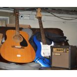 ACOUSTIC GUITAR, ELECTRIC GUITAR & SMALL YAMAHA AMP