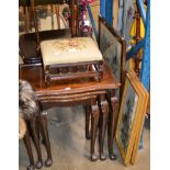 2 MAHOGANY TABLES, NEST OF 3 MAHOGANY TABLES, SMALL PADDED STOOL, FIRE SCREEN & PAIR OF PICTURES