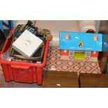PADDED OTTOMAN, CHAD VALLEY TIN PLATE BARN & BOX WITH CAMCORDER, SCALEXTRIC CARS ETC