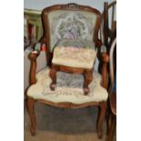 REPRODUCTION MAHOGANY TAPESTRY BEDROOM CHAIR WITH MATCHING STOOL