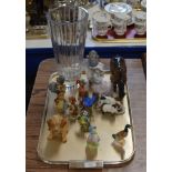 TRAY WITH BESWICK HORSE, BESWICK BIRD, SYLVAC DOG, HUMMEL FIGURES, LARGE CRYSTAL VASE ETC