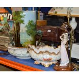 NAUTILUS STYLE BASKET, FIGURINE LAMP, DECORATIVE STICK STAND & 2 BASINS