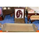 ARTS & CRAFTS STYLE DOUBLE HANDLED SERVING TRAY, FRAMED EASTERN DAGGER DISPLAY & OLD COPPER DOUBLE