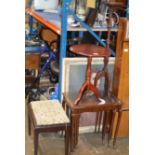 NEST OF 3 MAHOGANY TABLES, MAHOGANY EFFECT WINE TABLE, MAHOGANY PLANT STAND & PADDED STOOL