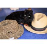 OLD NOVELTY CAT HAT WITH GLASS EYES & 2 VINTAGE GENTS HATS