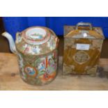 NOVELTY TIN TEA BOX & CHINESE 19TH CENTURY FAMILLE ROSE TEAPOT