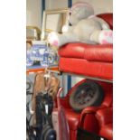 KIRBY VACUUM, GOLF BAG WITH CLUBS, SPARE WHEEL & LARGE TEDDY
