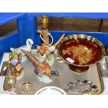 TRAY CONTAINING CARLTON WARE COMPORT, VARIOUS SOUVENIR SPOONS, MINIATURE SILVER TROPHY, SILVER