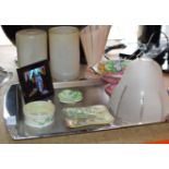 TRAY CONTAINING BUTTERFLY WING PICTURE, BELLEEK DISH, MALING COMPORT, GLASS SHADES ETC