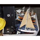 BOX WITH MODEL BOATS, BINOCULARS, GOLF SHOES, CAMERA, CURTAINS ETC