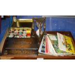 SERVING TRAY, WOODEN BOX, VARIOUS SEWING THREADS, OLD TIMER, CIGARETTE CARDS ETC