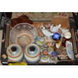 BOX WITH KITCHEN JARS, CRYSTAL FRUIT BOWL, VARIOUS BIRD ORNAMENTS, CARLTON WARE DISH ETC