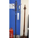 WROUGHT IRON COAT STAND & MAHOGANY STANDARD LAMP