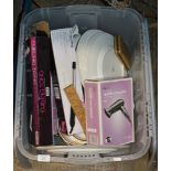 BOX CONTAINING HAIR TONGS, DISHES ETC